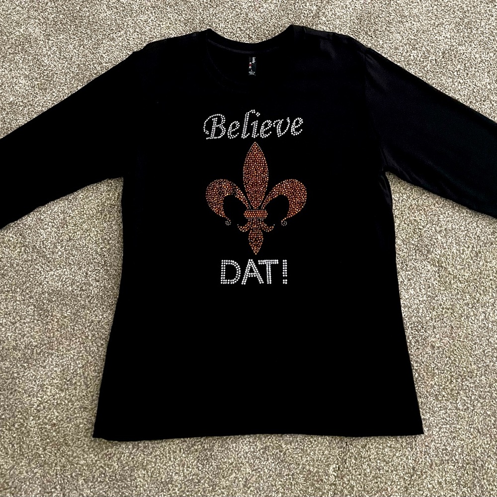 Black Shirt with Sequin Fleur de Lis Emblem and “Who Dat”, Custom Made